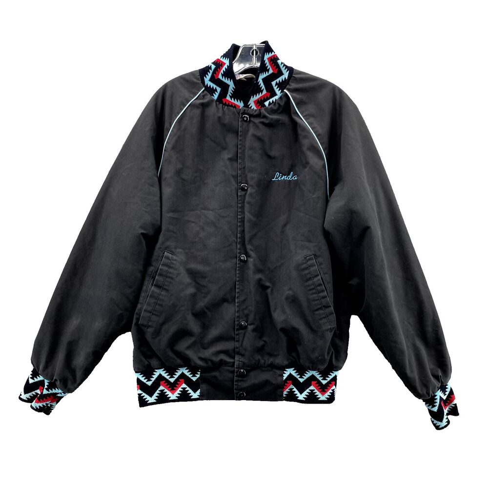 Vintage West Ark Bomber Jacket Medium Black Aztec Southwestern‎ Varsity USA Made